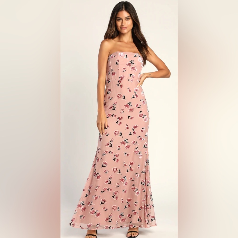 Lulus Always Dancing Mauve Floral Strapless Maxi Dress Sz small